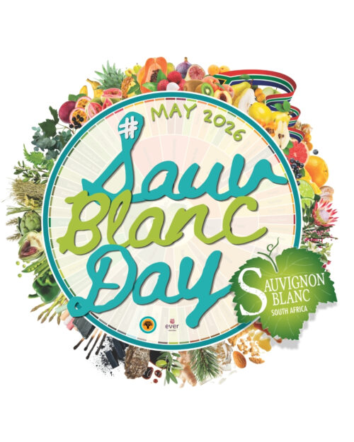 Sauvignon Blanc Logo, überlagert von einem farbenfrohen „Sauvignon Blanc Day – Mai 2026“-Motiv mit Früchten und Aromarad