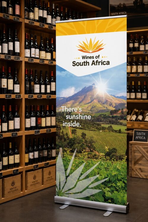 Roll-up-Banner von Wines of South Africa im Weinfachhandel vor Weinregal