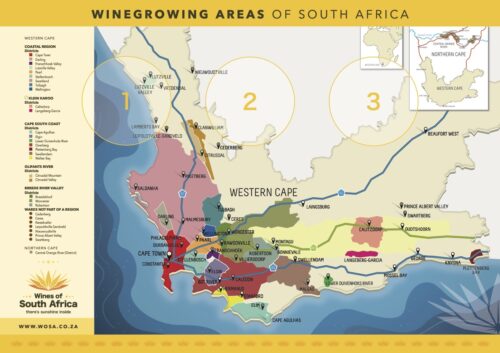 Karte der südafrikanischen Weinregionen mit den wichtigsten Anbaugebieten im Western Cape und Northern Cape