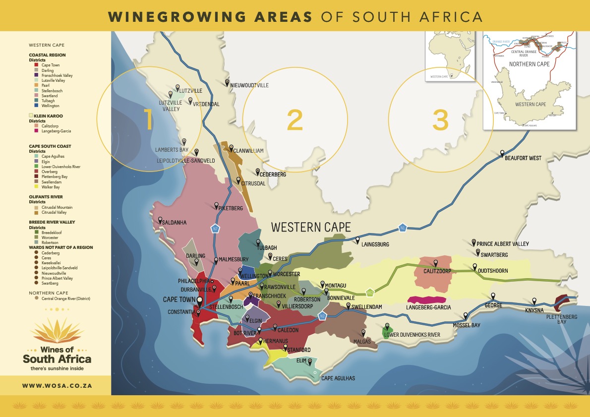 Karte der südafrikanischen Weinregionen mit den wichtigsten Anbaugebieten im Western Cape und Northern Cape